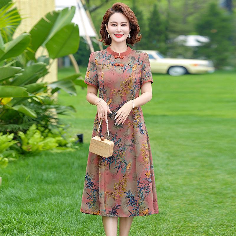 2026 New Summer Chinese Style Printed Dress - Fashionable Loose Short-Sleeved Top & Skirt for Middle-Aged Women