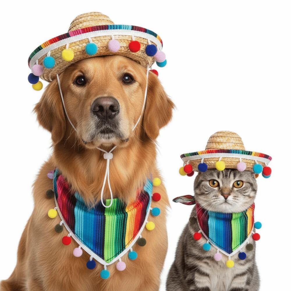 Mexican Style Pet Hat Scarf Adjustable Pet Triangle Scarf Cat Accessories Pet Neckerchief Cat