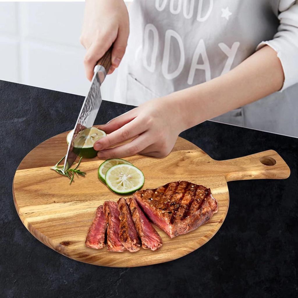 Round Wooden Pizza Plate with Handle - Multifunctional Kitchen Cutting Board and Snack Tray