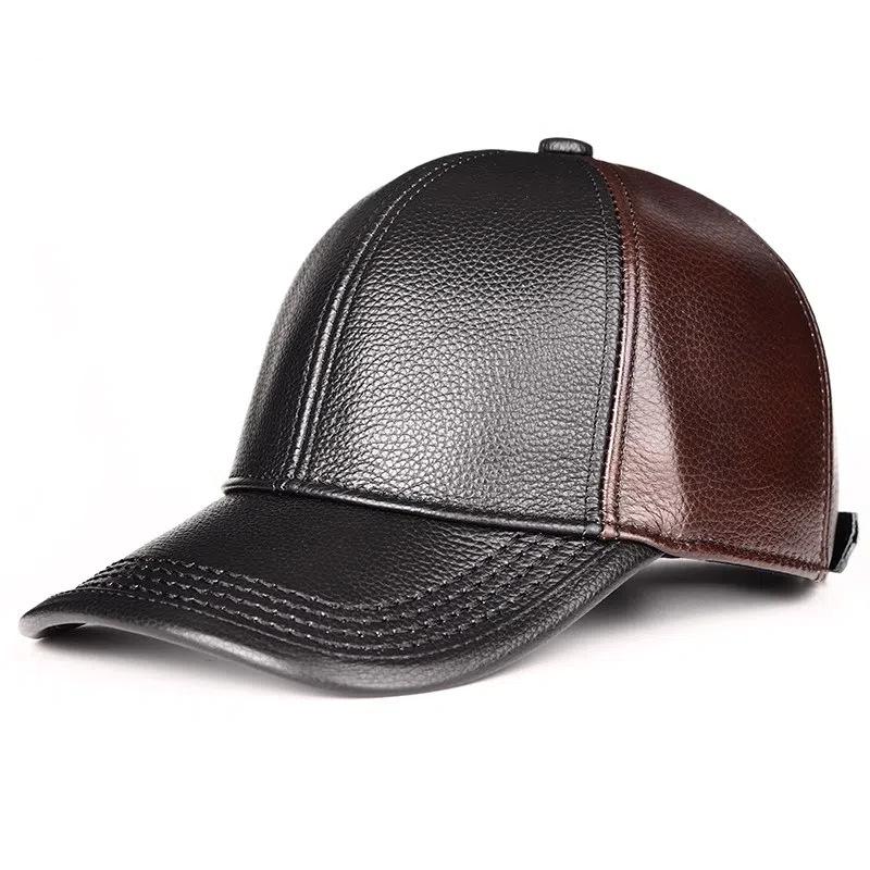 Men's Top Grain Cowhide Leather Baseball Cap - Duckbill Style for Middle-Aged & Elderly, Autumn/Winter Outdoor Fashion Dad Hat