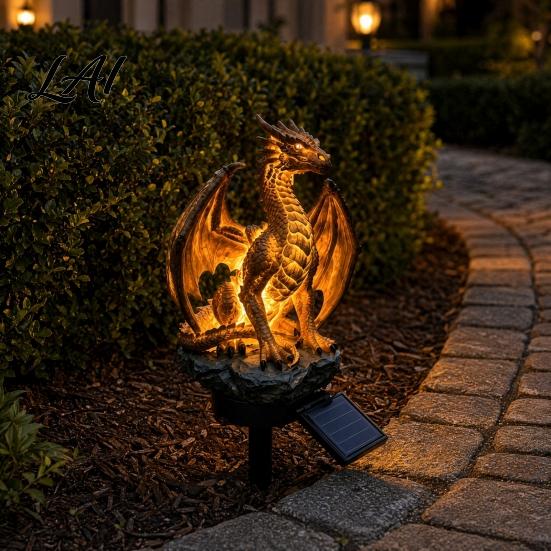 Golden Gorilla Solar Sculpture Dragon Garden Statue Light Gothic Medieval Resin Outdoor Lantern Sculpture Magical Fantasy Decor for Yard Patio,
