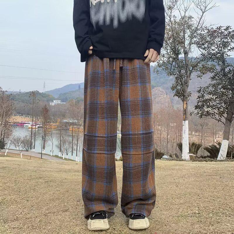 

2024 Retro Merlot Wool Plaid Wide-Leg Pants - Women s Autumn/Winter Thickened Loose Fit Casual Long Pants S