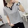 Women's Plus-Size Striped V-Neck Cotton T-Shirt, Short-Sleeve Loose Fit