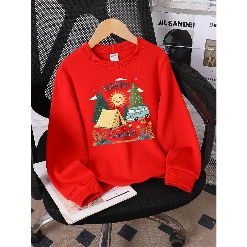 Kids Sweatshirt,Fashionable Sweatshirt Featuring a Happy Camper Theme with a Tent, Van, Sun, And Trees ,Spring Fall Sweatshirt