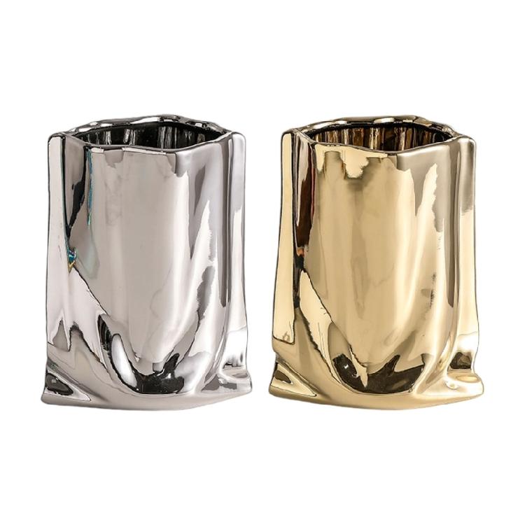 Decorative Electroplated Ceramic Vases With Handmade Pleats Living Room Decoration For Plant And Flowers
