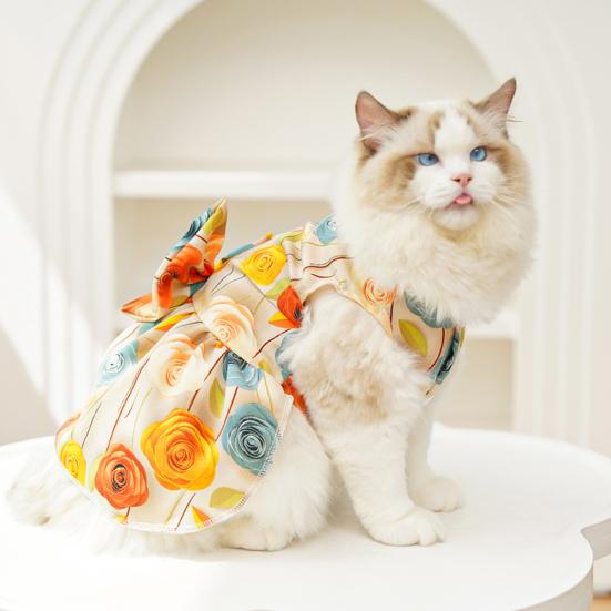 Psí šaty s mašlí, potisk růží, letní princeznovské šaty pro malé holčičky, psy, kočky