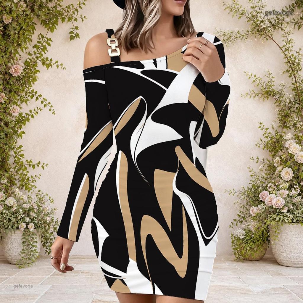 Women Plus Size One Shoulder Long Sleeve Printed Striped Bodycon Mini Dress