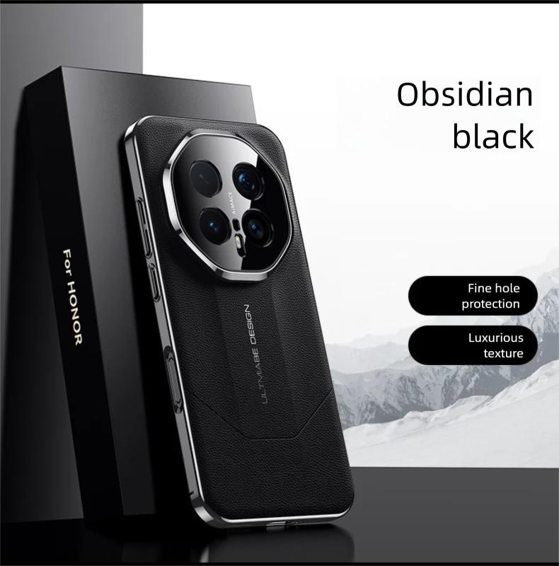 Premium Business Style Vegan Leather Case for Honor Magic 7/8 pro with Plating Frame Camera Lens Holes Cutout Protector