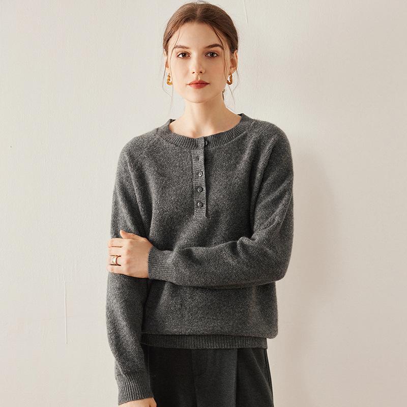 Women's Solid Color Cashmere Button Sweater - Warm, Versatile, Loose Knit