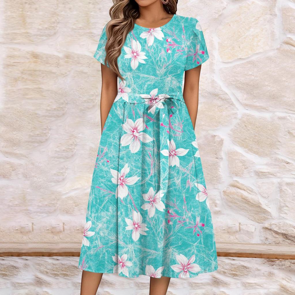 Women's Summer  Casual Floral Print  Round Neck Midi Dress Basic Classic Outdoor Everyday Short Sleeve Loose Dress