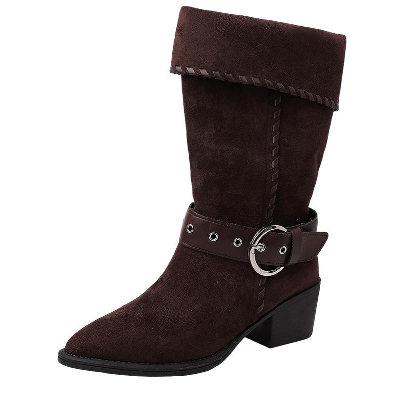 Vintage thick heel western boots autumn women's winter fashion niche design sense suede pointed Martin boots wide tube medium boots