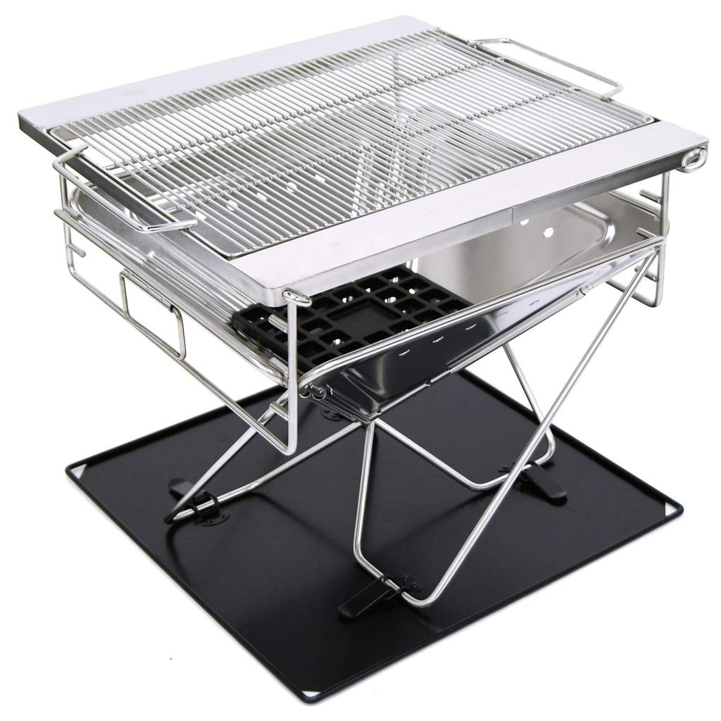 Bonfire Stand L Size Full Set 5 Height Adjustment BBQ Grill Portable Barbecue Stove Folding Carry Bag Included Compact Grill (03 L Size Silver)