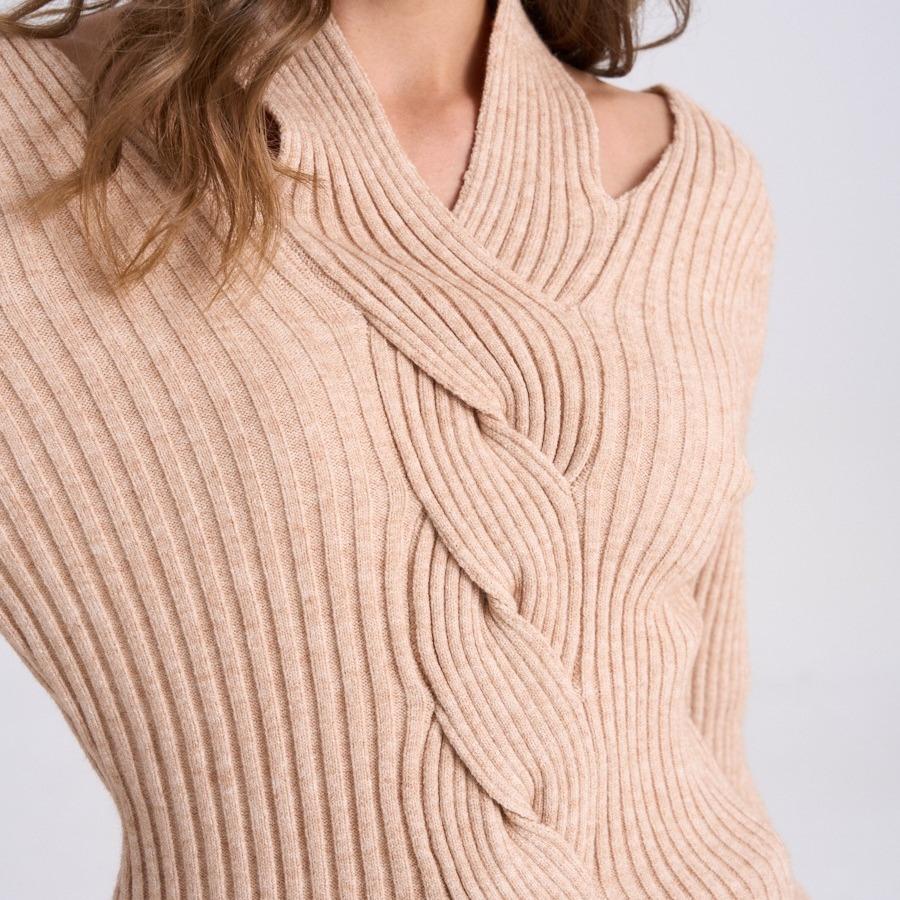 V-neck Braided Sweater, Knitted Halter, Pullover, Striped, Long-sleeved, Slim and Irregular Top for Women