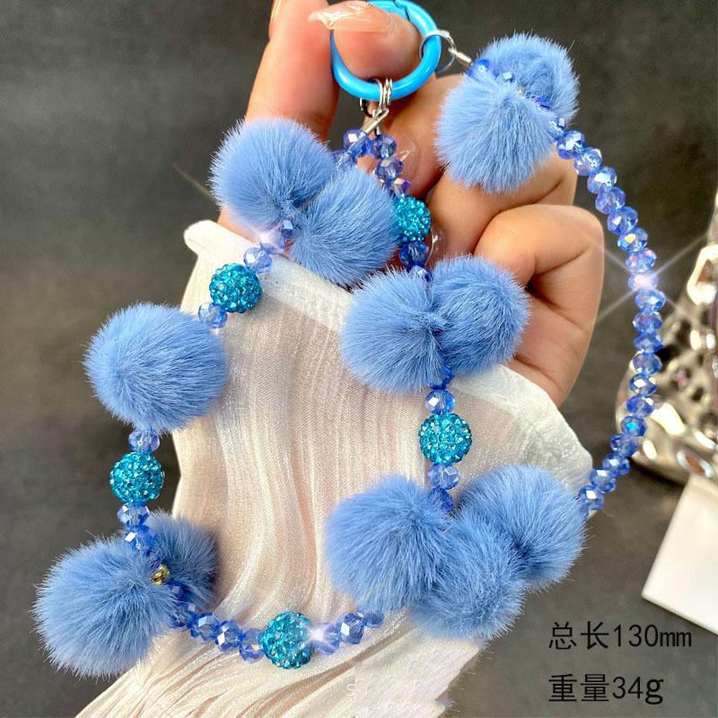 New Style Pom Pom Beaded Phone Chain Crystal Beads Pendant High-end Autumn Winter Pom Pom Double Chain Wrist Hanging Rope
