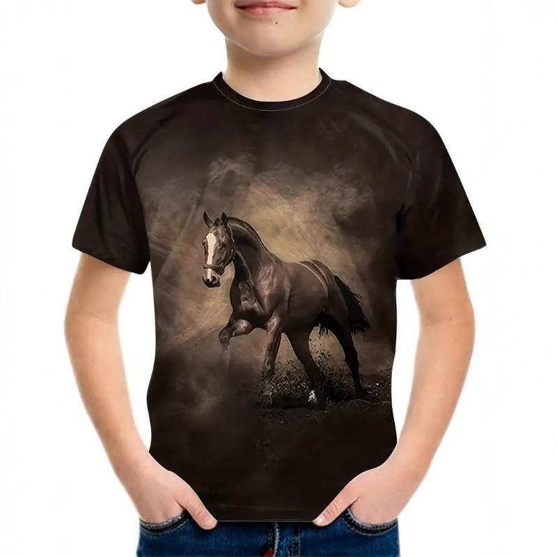 Summer Comfortable Soft Children's Fashionable 3D Printed Horse Pattern Round Neck Boys' Girls' Short Sleeved T-shirt