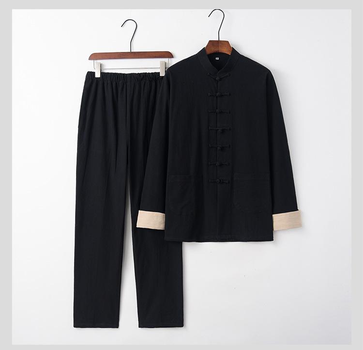 Men's Retro Embroidered Tang Suit Set - Cotton & Linen Long Sleeves for Spring/Autumn Zen Meditation