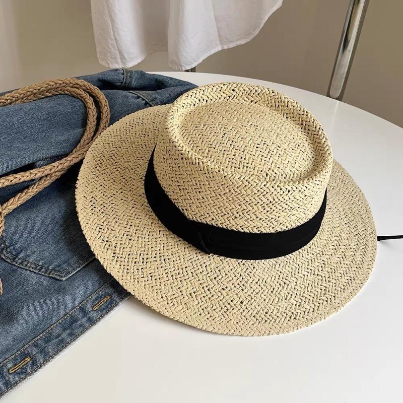 New Flat-top Straw Hat Women's Big Head Circumference Seaside Beach Top Hat Woven Sun Hat Summer