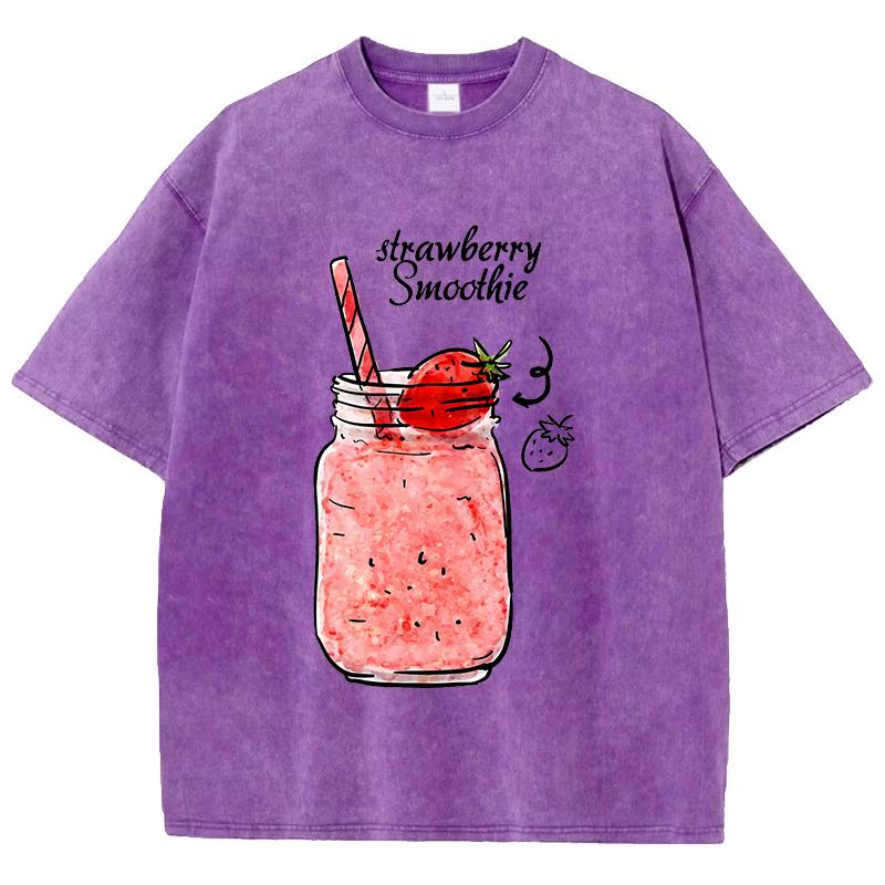 Strawberry Smoothie Print Washed TShirts Womens Cotton Tops Comfortable Distressed ONeck T Shirts Summer Casual Woman Clothes