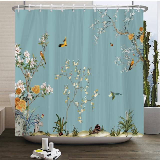 

Европейские цветы, птицы, растения, занавески для ванны, водонепроницаемая занавеска для душа, 3D-печать, украшение для ванной комнаты с крючком, экран для ванны W120xH180cm