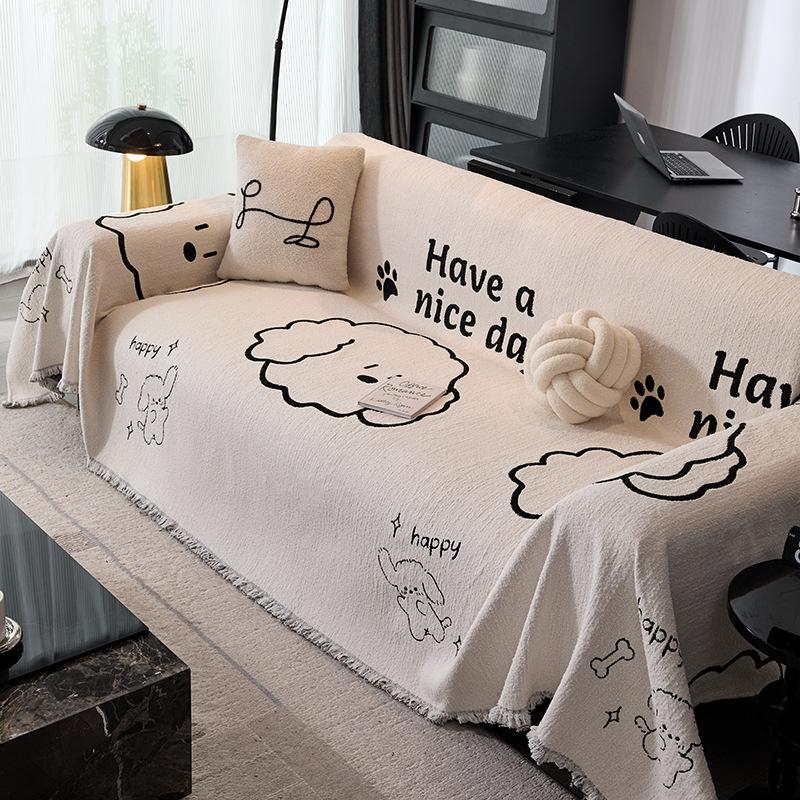 

Chenille Sofa Cover Reversible Dog Pattern Solid Color Couch Slipcover All-Season Use for L-Shaped Living Room 180x130cm