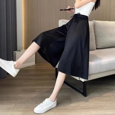 Yousheng Women Skirt Pants Elastic Waist Adjustable Drawstring Ice Silk Cropped Pants Solid Color Casual Loose Fit Culottes