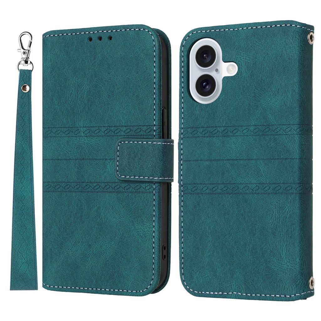For iPhone 17 Case Wallet Skin-Touch Leather Imprinted Phone Cover with Wrist Strap