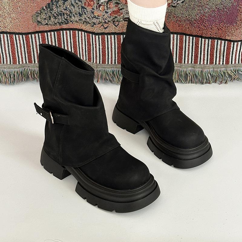 Round head thick sole heightening short boots women's fashion versatile belt buckle new fashion versatile thick sole boots