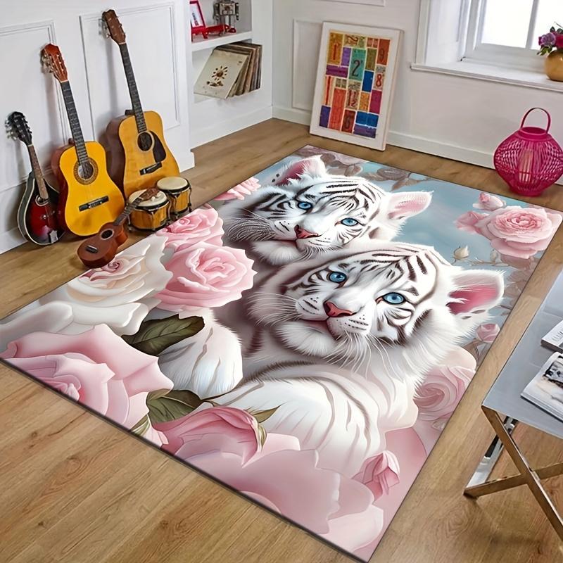 1pc White Tiger and Rose Pattern Area Rug - Polyester, Non-Slip, Machine Washable, Comfortable Chair Mat for Living Room,