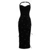 2024 Autumn Sexy Halter Backless Feather-Spliced Beaded Mid-Length Dress