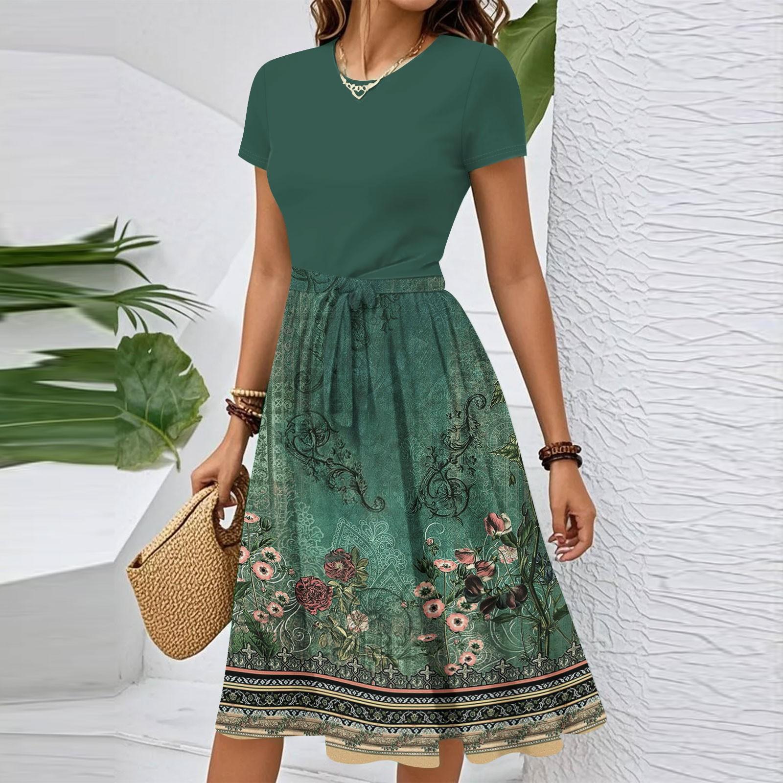 

Women s Casual Fashion Belted Vintage Printed Short Sleeve Round Neck Elegant Dress L армия зеленый
