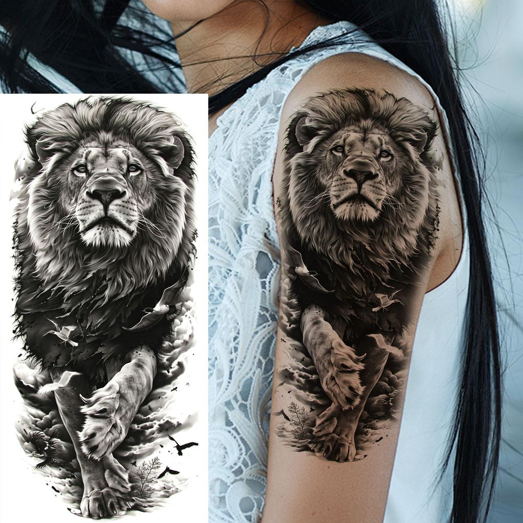 1 Sheet Cool Warrior Lion Tiger Skull Temporary Tattoos For Men Women Adults, Long Lasting Waterproof Temp Fake Tattoo Sticker