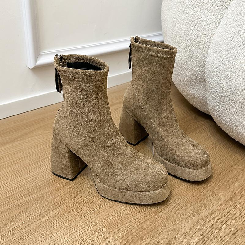 Winter Platform Thick Heels Woman Modern Ankle Boots Round Toe Party Dress Shoes Female Vintage Stretch Slim Short Booties