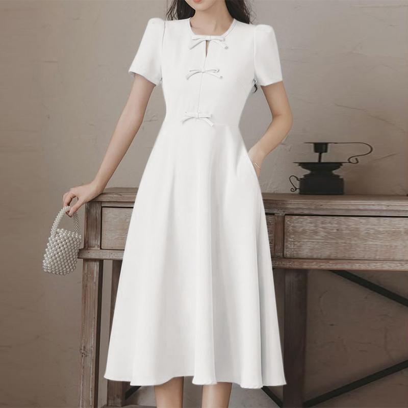 

ZANZEA Женское элегантное платье А-силуэта с круглым вырезом и короткими рукавами, подчеркивающее талию 2XL белый