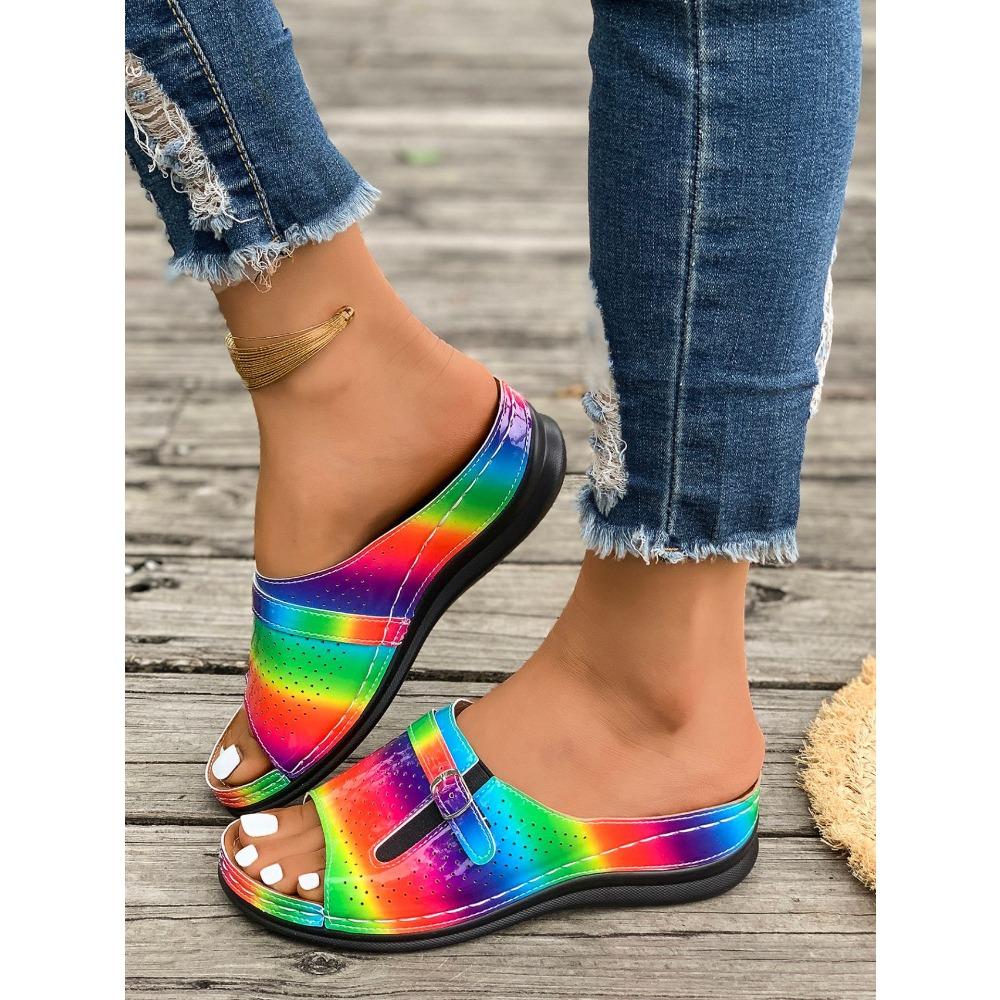 Übergröße Damen Metall Schnalle Eine Riemen Keilabsatz Sandalen, Sommer Dicke Plateau Peep Toe Erhöhte Freizeit Schuhe