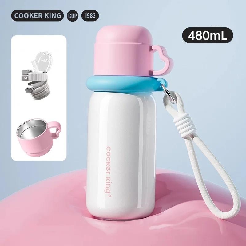 COOKER KING 480ML Thermos Water Bottle for Kids Insulated Cup with Straw Stainless Steel Thermal Mug Keep Cold&Hot Vacuum Flask