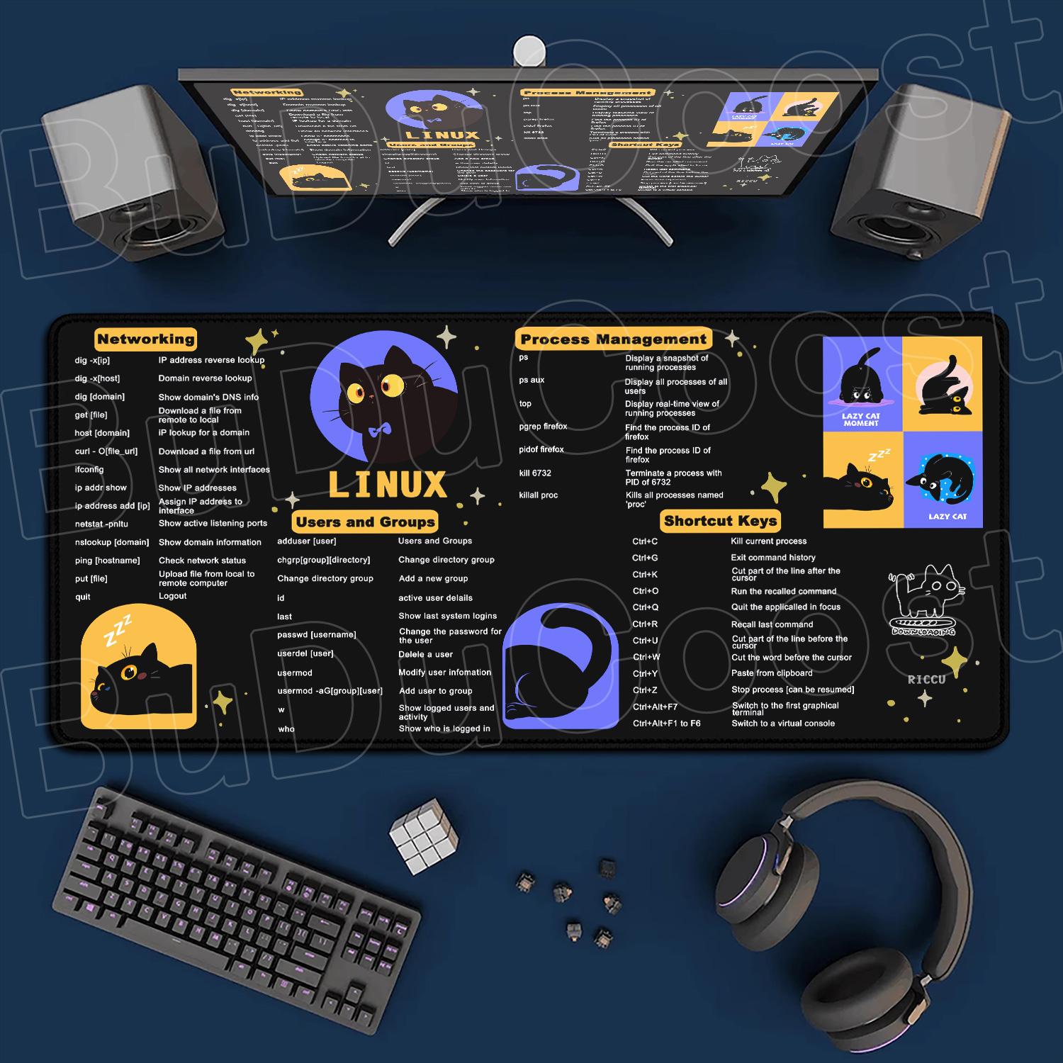 LINUX English Large XXL Shortcuts keys Office Work Mousepad Locking Edge Soft Nonslip HD Printing Pattern Computer Keyboard Mat 800x300x2mm
