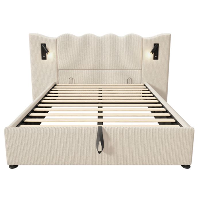 Lit double capitonné - MUVOE - 160x200 - Beige - Tissu velours côtelé - Lampe de lecture USB-C