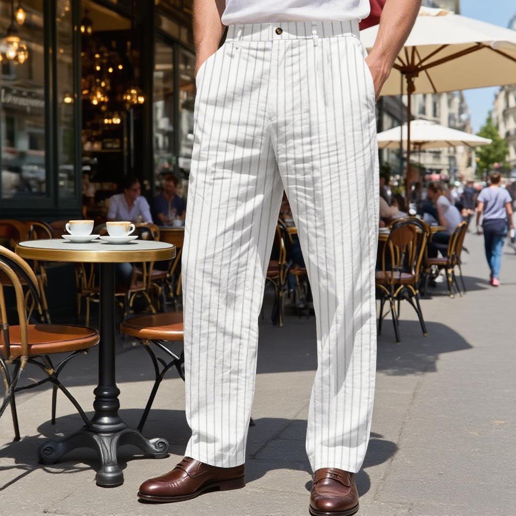 Men's Striped Linen Trousers - Casual Loose Fit for Spring/Autumn