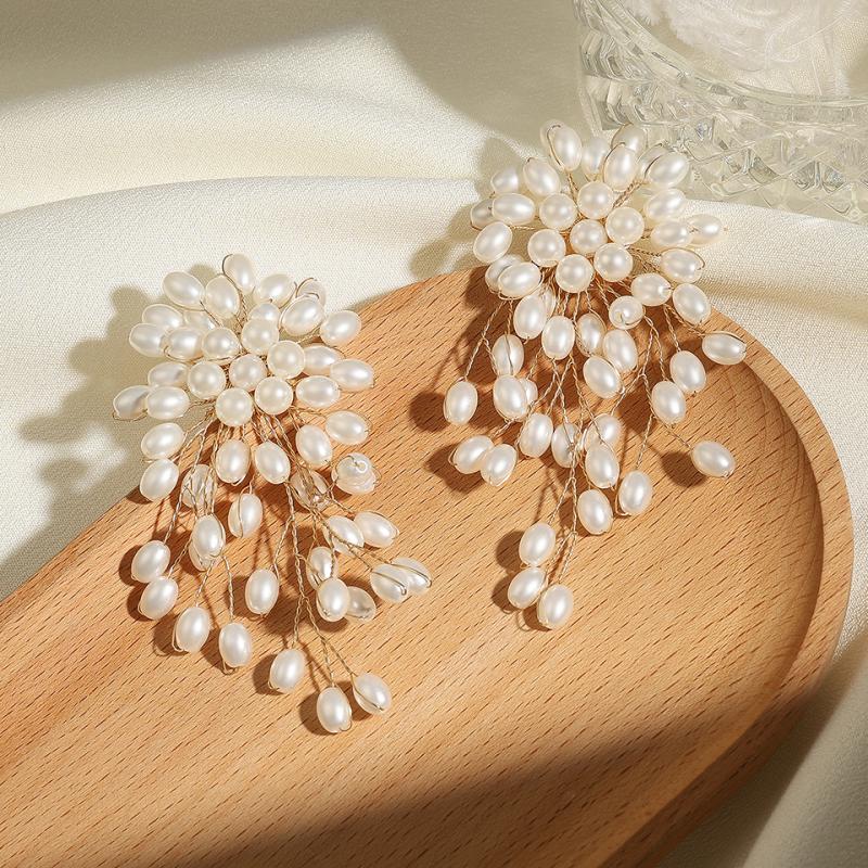 Vintage Imitation Pearls Flower Earrings for Women Luxury Handmade Beading Tassels Long Earring Bridal Wedding Party Jewelry