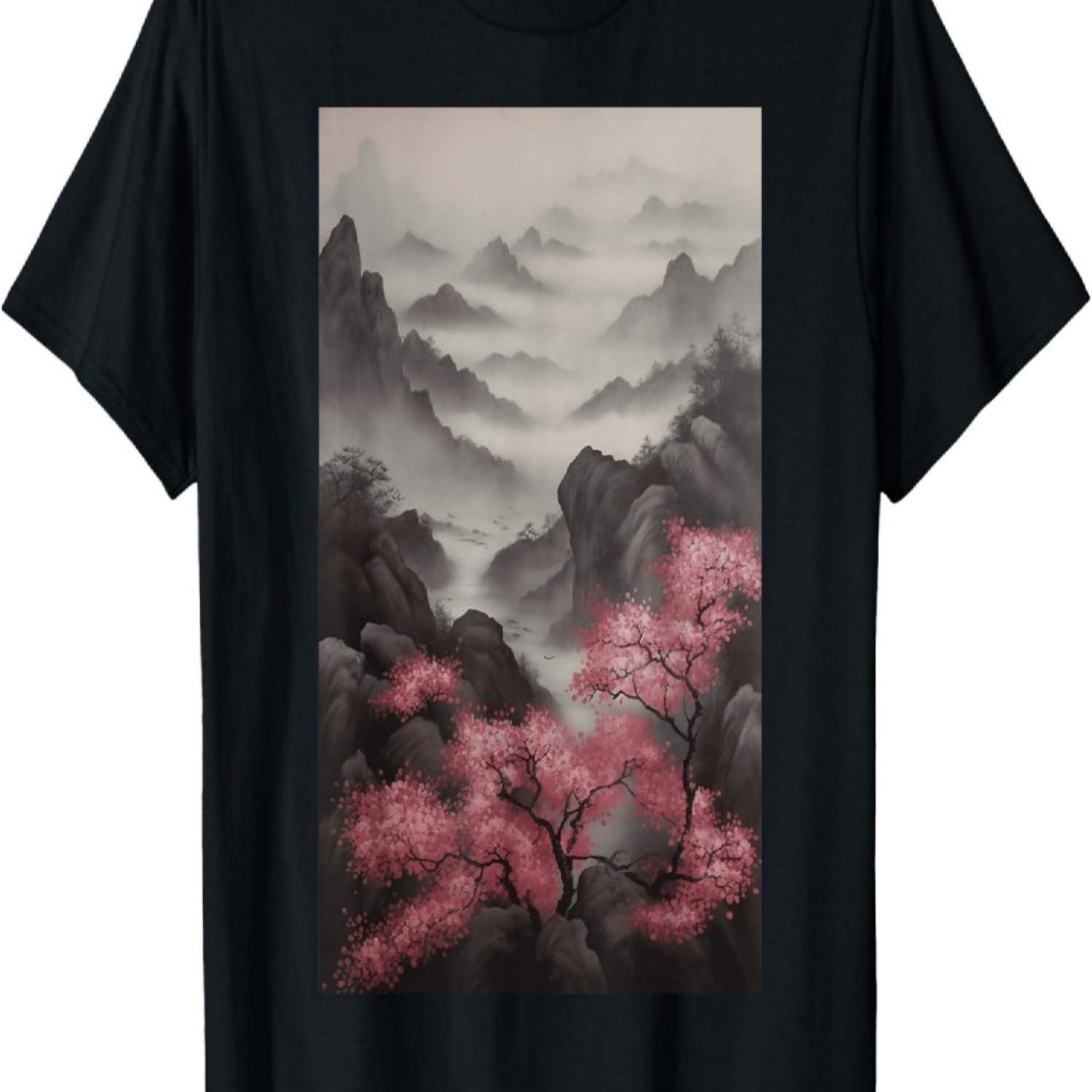 Япония Сад Сакуры Горы И Цветущие Вишни Гравюра на Дереве Футболка(46) S чёрный