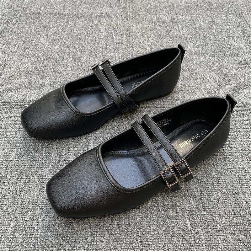 Туфли Мэри Джейн в клетку Женские Черные на Двойной Пряжке Балетки из ПУ Кожи Квадратный Носок Повседневные Женские Лоферы Весна 42 чёрный