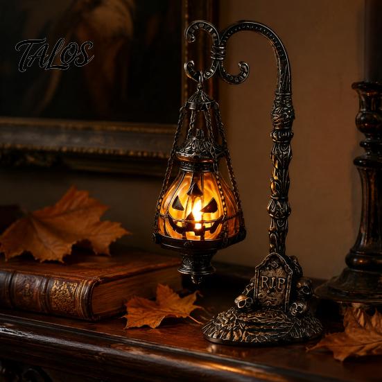 Espeluznante Adorno de Mesa de Resina Calavera Calabaza Gótica Soporte Linterna con Luz Cálida, Lámpara Decorativa de Escritorio Retro Decoración del Hogar, Luz de Atmósfera Curativa