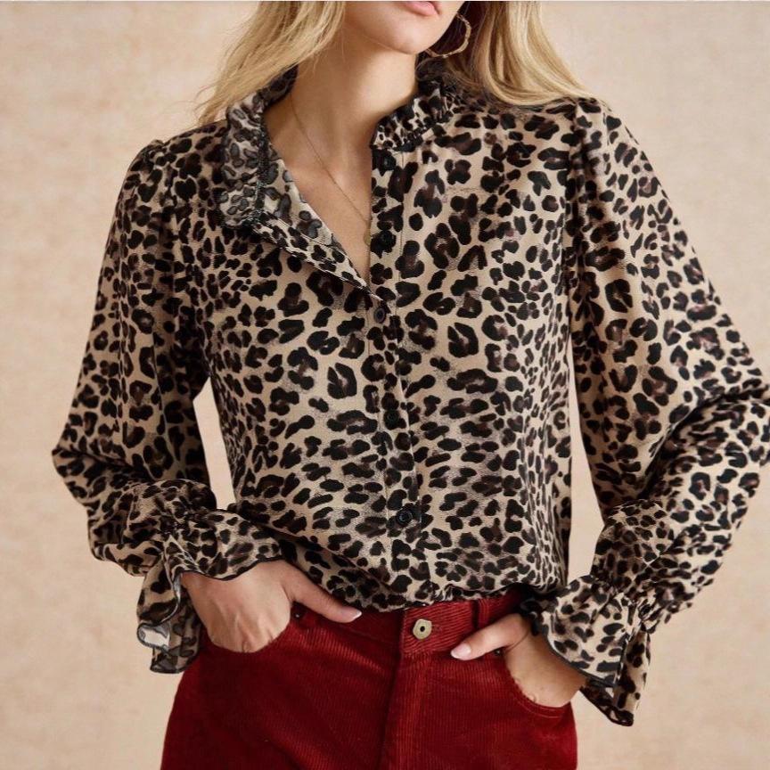 Women S Leopard Print Stand Collar Long Sleeve Button Up Blouse S чёрный