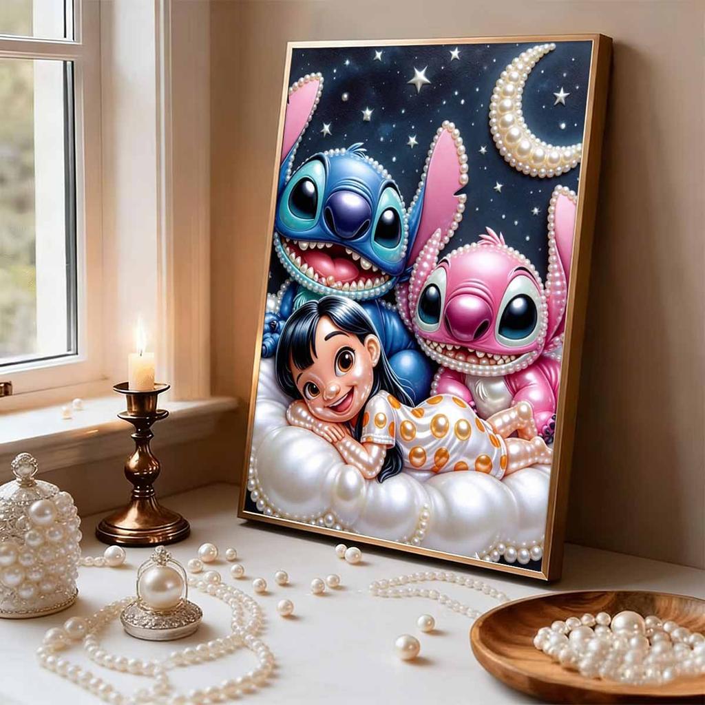Starry Cloud Lilo, Stitch & Angel New Pearl-Inlaid Frameless Art | Handmade Pearl Craft, Starry Moon Cloud Theme, for Cute Dopamine Decor