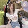 Cartoon Printed Square Neck Front Shoulder Short Sleeve T-Shirt Women's Pure Desire Sweet and Spicy Clavicle Slim Skinny Top