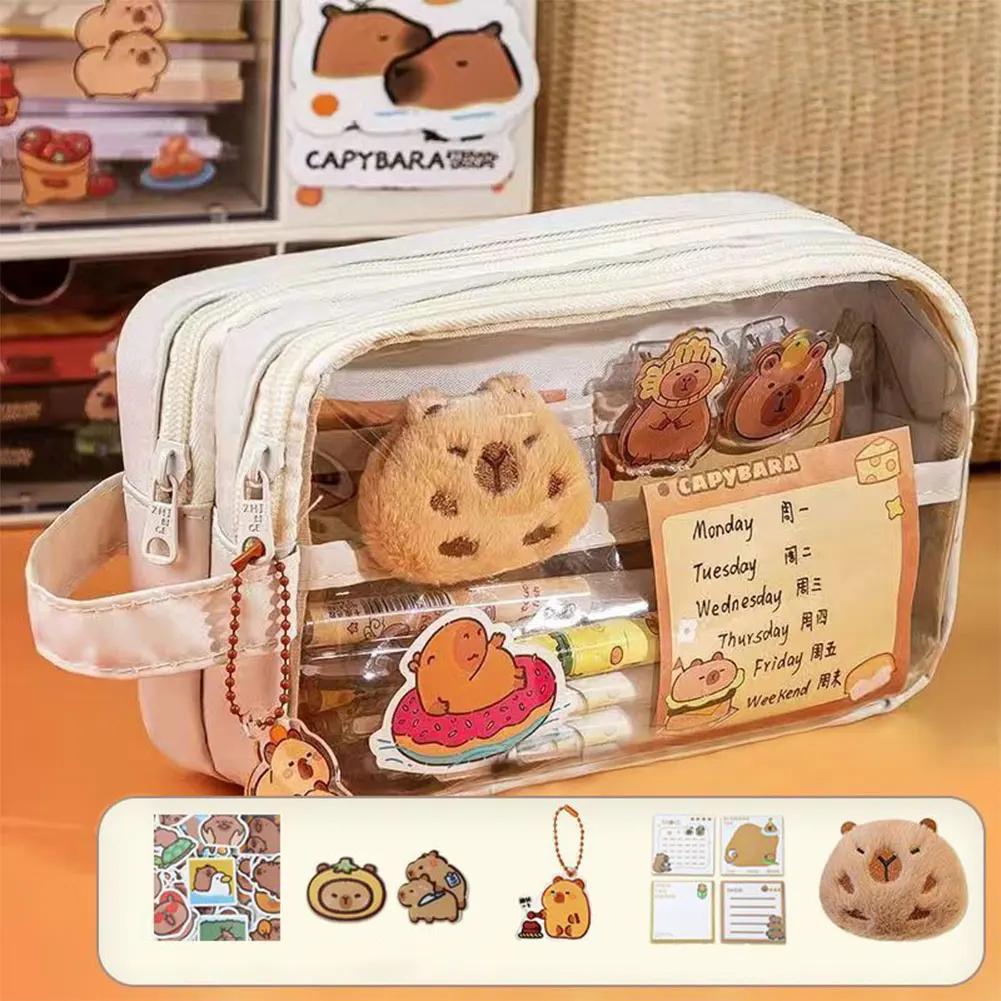 Capybara Flap Backpack with Pencil Case Fashion Casual Nylon Cute Bag Large Capacity Bookbag Animal Cartoon Daypack for Teens