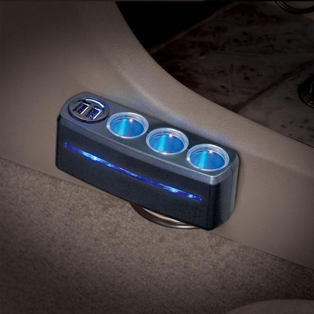 SEIWA F285 Zigarettenanzünder-Steckdosen-Erweiterungsverteiler, 4 beleuchtete Steckdosen, 3 Steckdosen + 2 USB-Anschlüsse, Kabeltyp