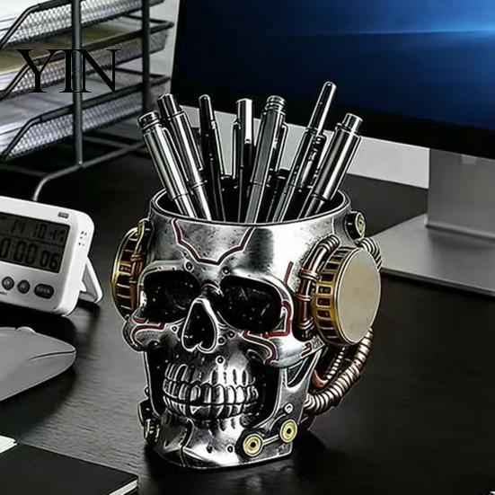 Langlebiger Harz-Stifthalter Totenkopf-Stifthalter, Gruseliger Pinselhalter für Make-up Industrieller Stil Becher Multifunktionaler Schreibtisch-Organizer für Zuhause Büro, Halloween