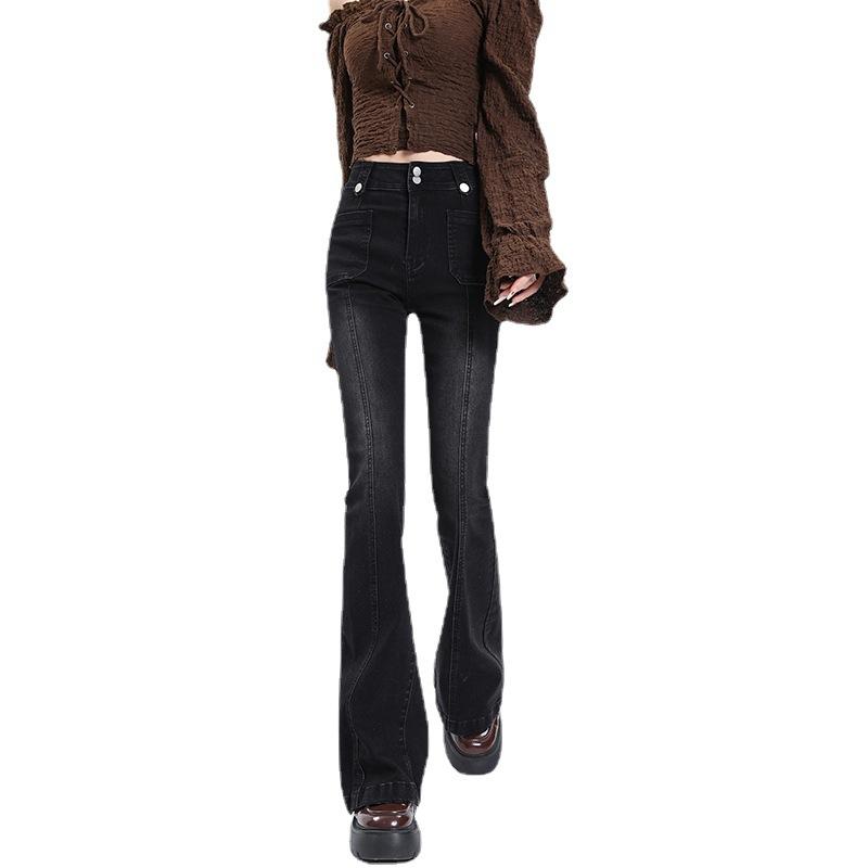 Four Season Wearable Spicy Girl Slim Fit Elastic Splicing Flared Jeans Women'S New High Waisted Niche Design Horseshoe Pants