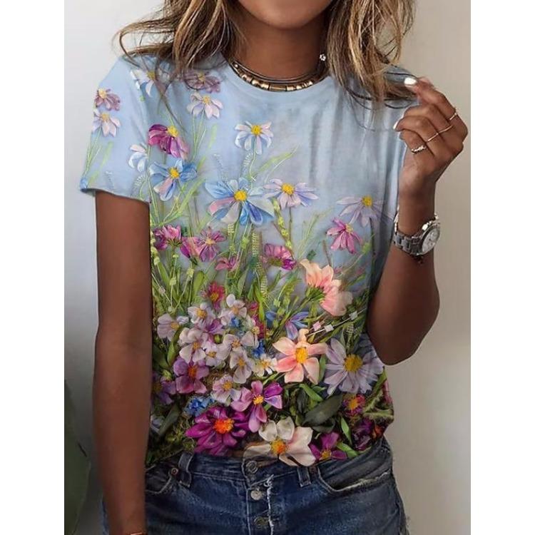 Korean Women's Harajuku Summer T-Shirt 3D Flower Graphic Short Sleeves O-Neck Fashion Tee Leisure Top Clothing